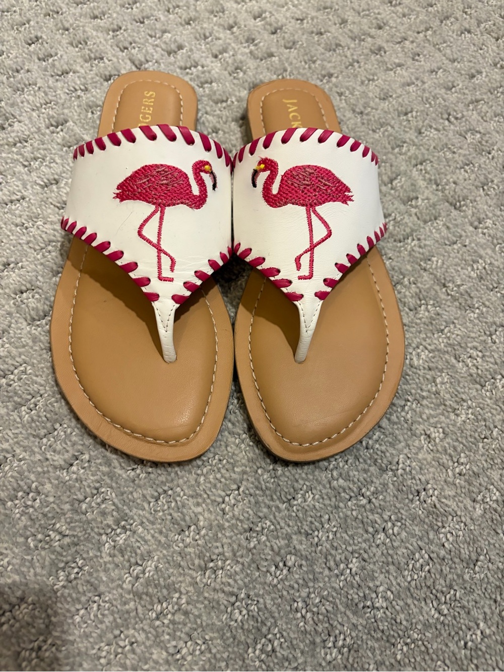 Jack Rogers White Leather Sandals with Pink Flamingo Embroidery